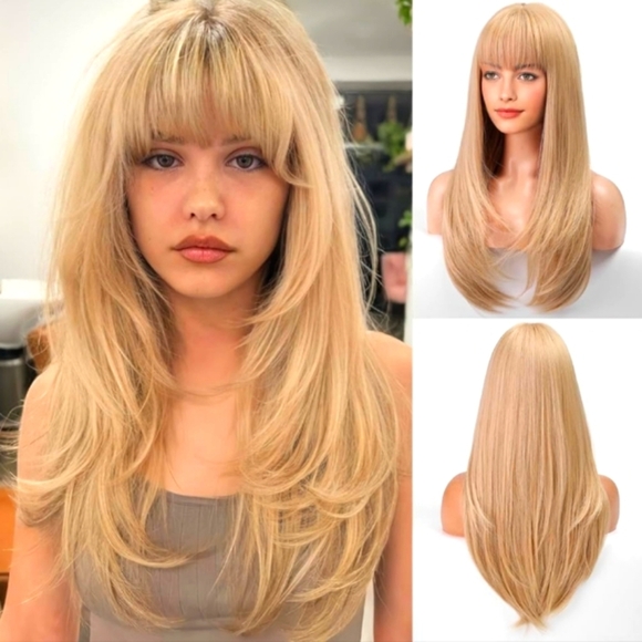 Long Light Blonde Hair Wig with Bangs Synthetic Natural Straight Wig NWT - Picture 1 of 9